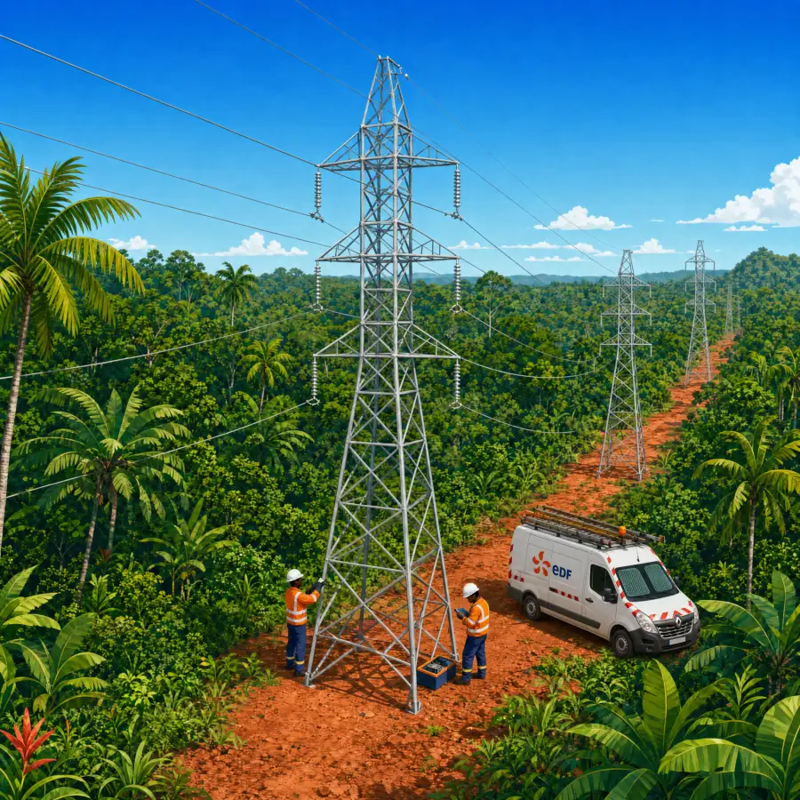 Pylône électrique, véhicule EDF, équipe de maintenance et forêt tropicale en Guyane
